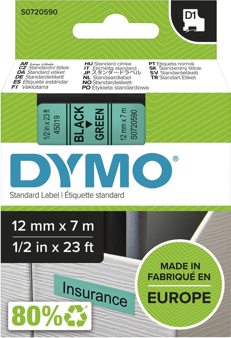 Original Dymo d1-Etiketten | schwarzer Text auf grünem Etikett | 12mm x 7m | selbstklebende Etiketten für den Etikettendrucker Label Manager | Hergestellt in Europa