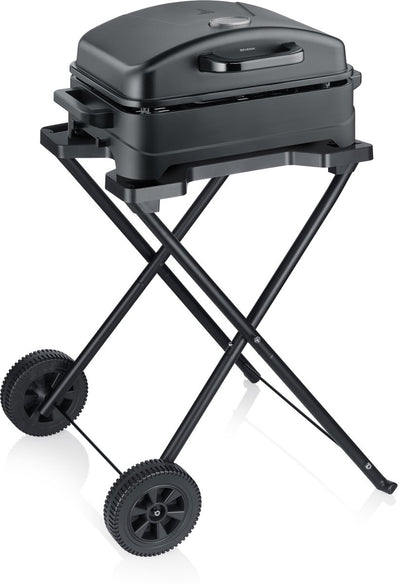 Elektrischer Outdoor-BBQ-Grill Severin PG 8598 – 2300 W – Keramikbeschichtung – 45 x 30 cm – mit Stativ und Deckel – mattschwarz