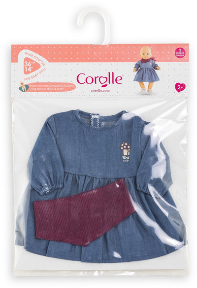 Jeanskleid für Corolle-Puppe mit Schal, kleiner Entdecker – 36 cm
