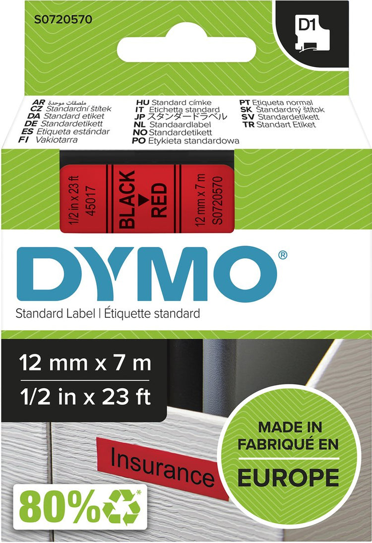 Original Dymo d1-Etiketten | schwarzer Text auf rotem Etikett | 12mm x 7m | selbstklebende Etiketten für den Etikettenmanager Etikettenhersteller | Hergestellt in Europa