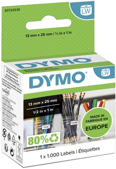 Dymo original kleine Mehrzwecketiketten für Etikettendrucker | 13mm x 25mm | 1000 selbstklebende Etiketten | leicht zu entfernende Etiketten für die Labelwriter-Etikettendrucker | Hergestellt in Europa