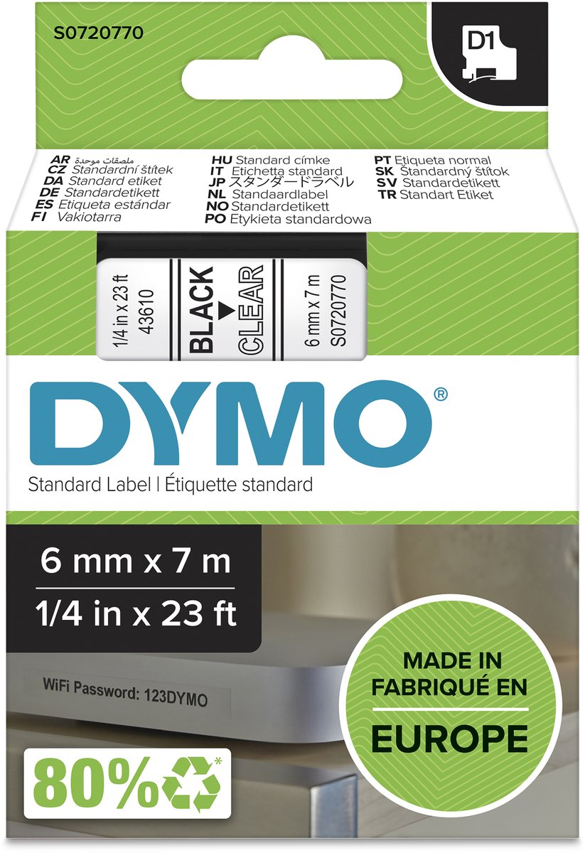 Original Dymo d1-Etiketten | schwarzer Text auf transparentem Etikett | 6mm x 7m | selbstklebende Etiketten für den Etikettendrucker Label Manager | Hergestellt in Europa