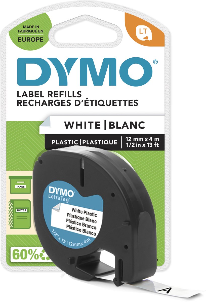 Dymo Letratag-Klebeband, Kunststoff, weiß (12 mm x 4 m)