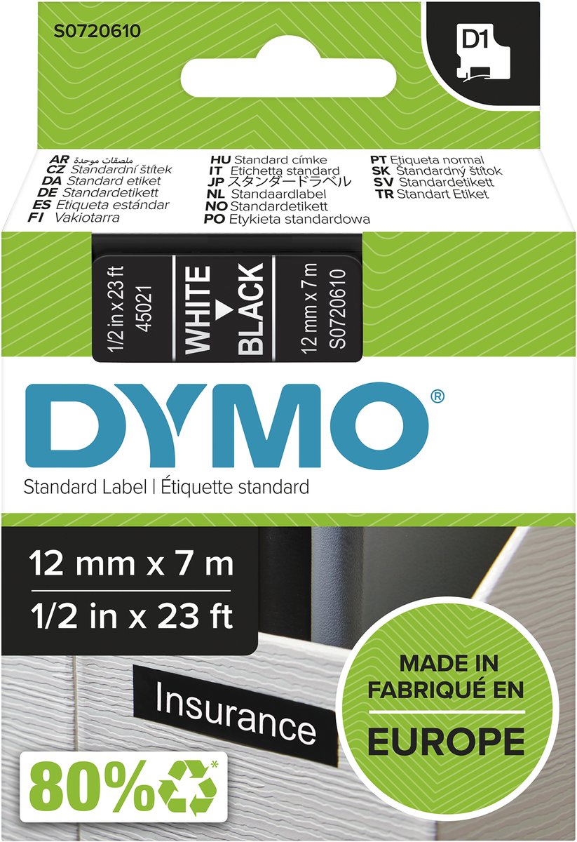 Markenlos ohne Marke Dymo 45021 Etikettenband, Bandfarbe: Schwarz, Textfarbe: Weiß, 12 mm, 7 m – Box 5 Stück