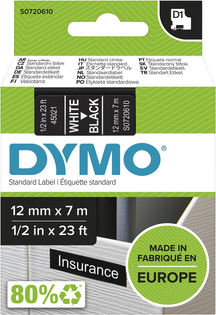 Markenlos ohne Marke Dymo 45021 Etikettenband, Bandfarbe: Schwarz, Textfarbe: Weiß, 12 mm, 7 m – Box 5 Stück