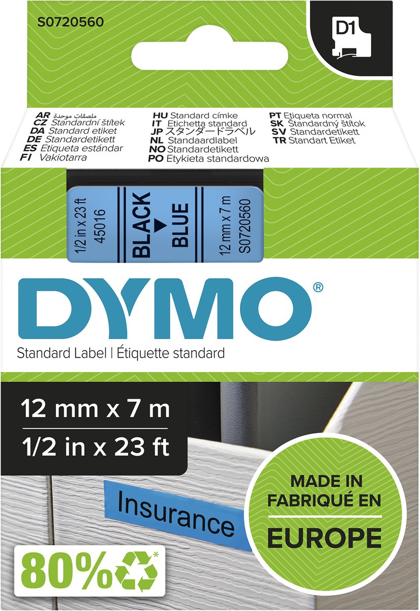 Original Dymo d1-Etiketten | schwarzer Text auf blauem Etikett | 12mm x 7m | selbstklebende Etiketten für den Etikettendrucker Label Manager | Hergestellt in Europa