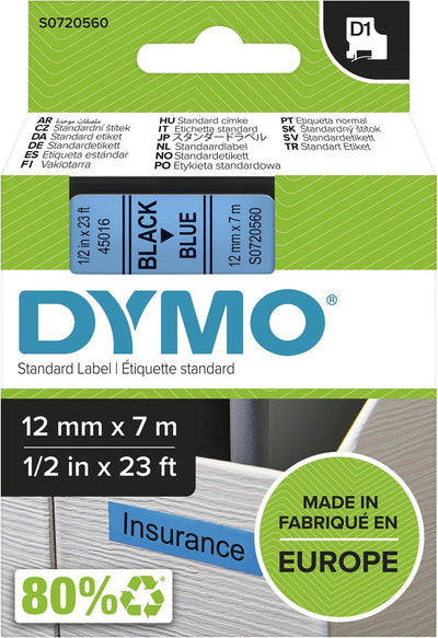 Original Dymo d1-Etiketten | schwarzer Text auf blauem Etikett | 12mm x 7m | selbstklebende Etiketten für den Etikettendrucker Label Manager | Hergestellt in Europa