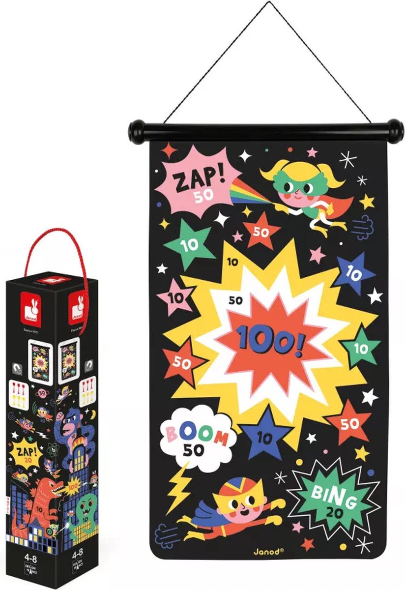 Janod – Spiel – Dartspiel Superhelden – doppelseitige magnetische Dartscheibe
