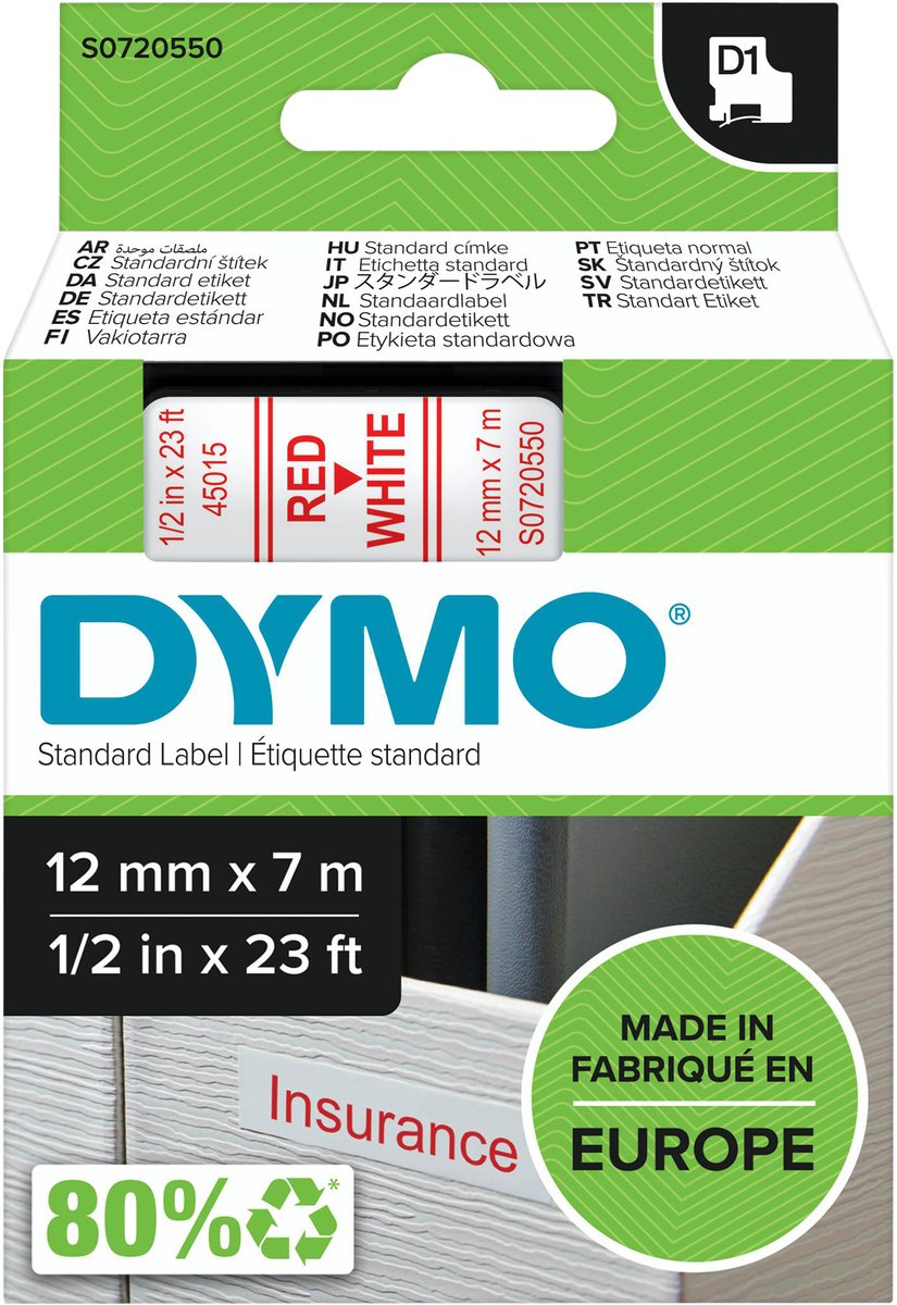 Original Dymo d1-Etiketten | roter Text auf weißem Etikett | 12mm x 7m | selbstklebende Etiketten für den Etikettendrucker Label Manager | Hergestellt in Europa