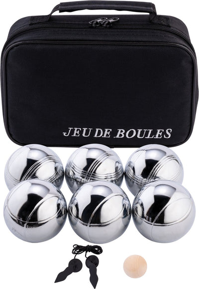 Engelhart Metall-Boules – 6 Kugeln in schwarzer Reißverschlusstasche – Pétanque – Boule – Metallkugeln – geeignet für jeden Boule-Platz – Langfeld