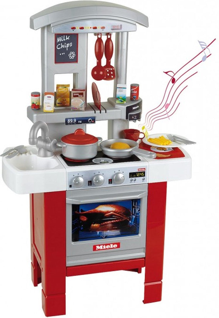 Klein Toys Miele Starterküche – 27x57x90 cm – Backofen, Geschirrspüler, Dunstabzugshaube, Spüle, Lebensmittelnachbildungen, Koch- und Essbesteck – inkl. Soundeffekte - rot grau