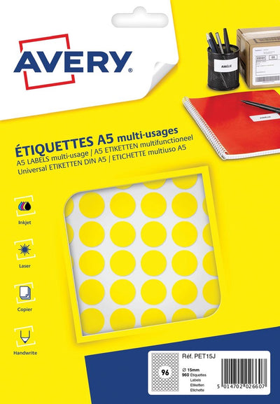 Avery Etikett, A5, 15 mm, rund, Blister, 168 Stück, gelb