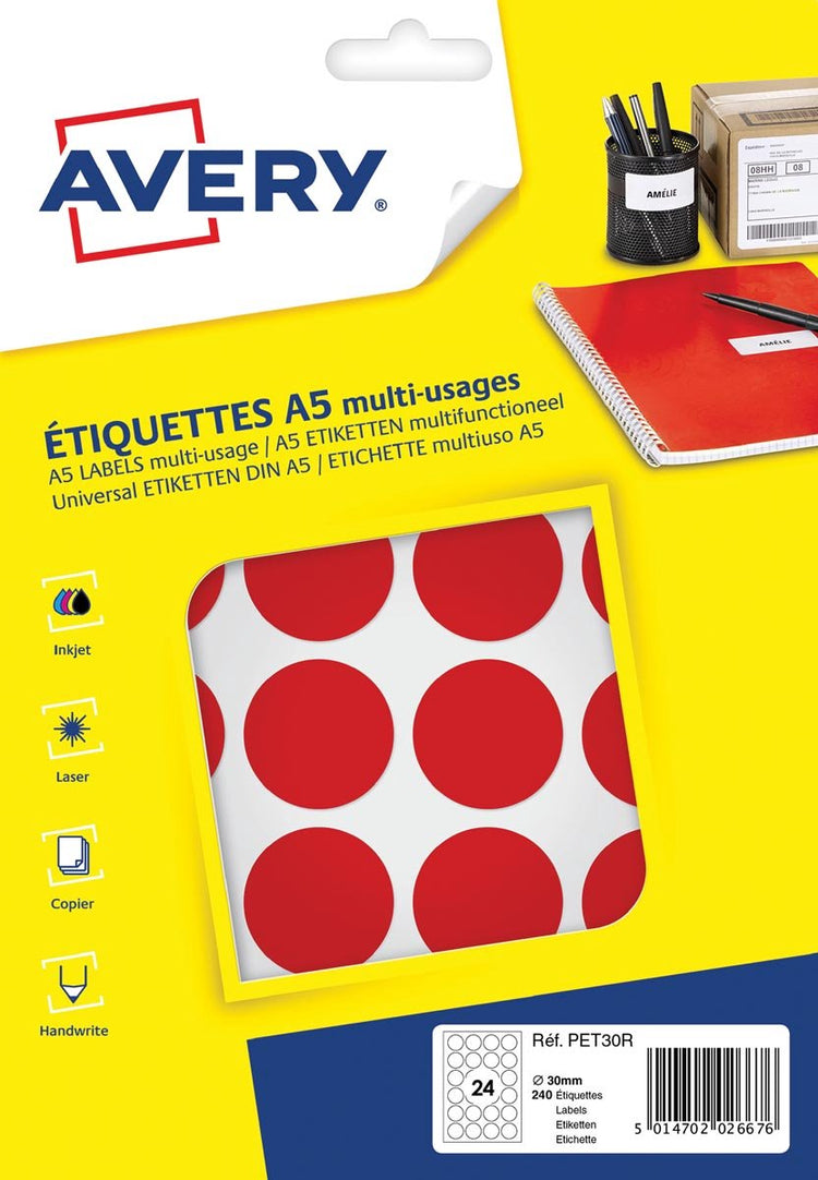 Avery Label A5 30 mm rund Blister 240 Stück rot