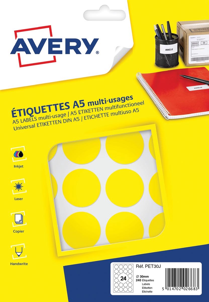 Avery Etiketten rund 30 mm Papier gelb 240 Stück