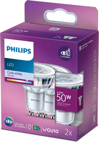 Philips LED-Energiesparstrahler – 50 W – GU10 – kaltweißes Licht – 2 Stück – Energiekosten sparen