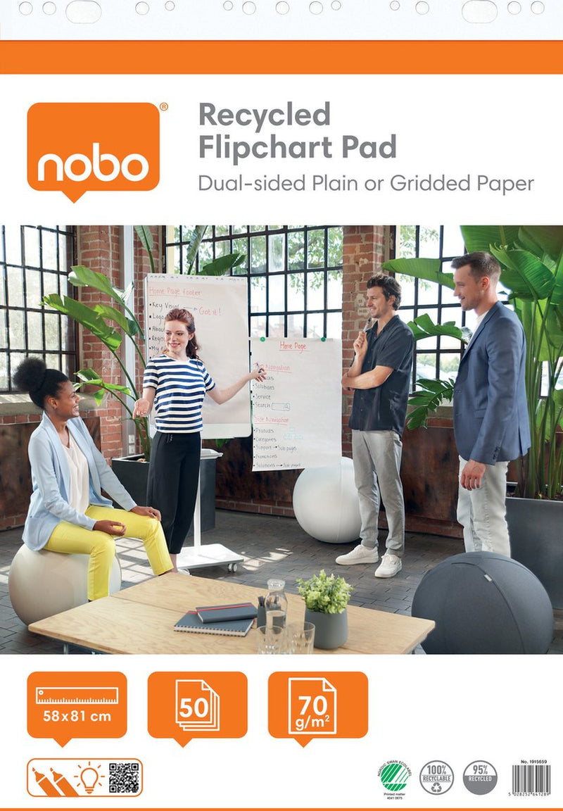 Nobo recyceltes Flipchart-Papier auf Rolle – 50 Blatt doppelseitiges Blanko- oder Karopapier – 58 x 81 cm – 70 Gramm
