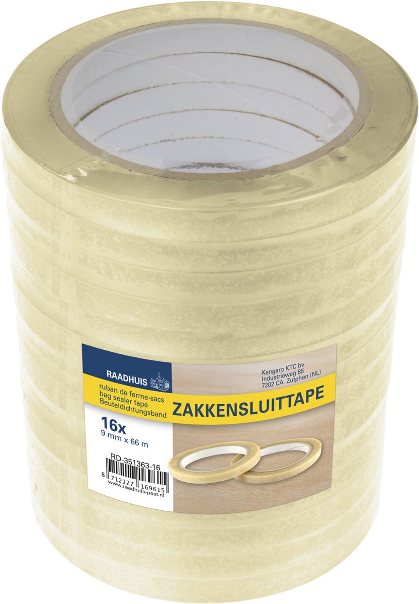 Raadhuis Beutelverschlussband – transparentes PP – 9 mm x 66 m – schrumpfbar mit 16 Rollen – Beutelverschlussband – rd-351363-16