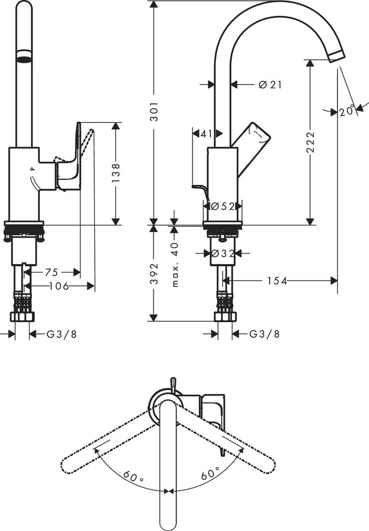 Hansgrohe rebris e – Waschtisch-Mischbatterie – Einhebelbedienung – mit Ablaufgarnitur – Größe 210 mm – schwenkbarer Auslauf – mattschwarz