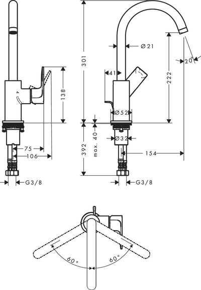Hansgrohe rebris e – Waschtisch-Mischbatterie – Einhebelbedienung – mit Ablaufgarnitur – Größe 210 mm – drehbarer Auslauf – Chrom
