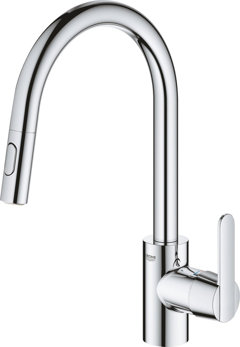 Grohe Get Küchenarmatur – hoher Auslauf – 360° Schwenkbereich – mit ausziehbarer Handbrause und 2 Strahlarten – Chrom