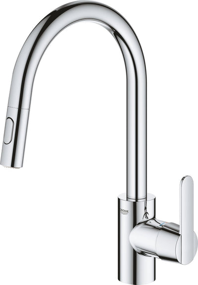 Grohe Get Küchenarmatur – hoher Auslauf – 360° Schwenkbereich – mit ausziehbarer Handbrause und 2 Strahlarten – Chrom