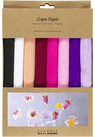 Creativ Company Krepppapier, Blatt 25 x 60 cm, Kreppverhältnis: 180 %, 105 g, Lila-Rosa-Harmonie, 8 Blatt 1 Karton