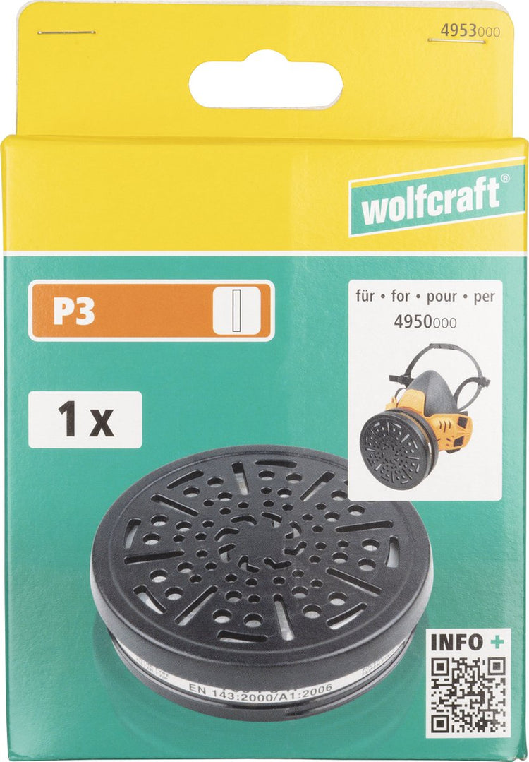 Wolfcraft – Halbgesichtsmaske, austauschbarer Luftfilter P3 – Filter – Gasmaske – 4953000