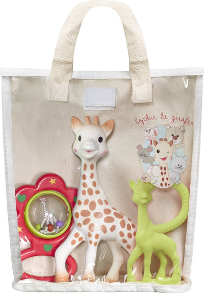 Sophie die Giraffe Geschenkset in Baumwoll-Geschenktüte – Rassel-Beißring – Mutterschaftsgeschenk – Babyparty-Geschenk – 4-teilig