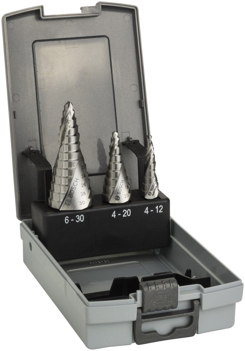 Bosch 3 Stück HSS Stufenbohrer 4-12, 4-20, 6-30 mm