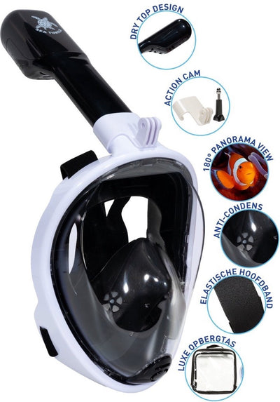 Meeresschildkröten-Schnorchelmaske – Schnorchel – Taucherbrille – Schnorchelset – Vollgesichtsmaske – Erwachsene – Weiß Schwarz – L XL