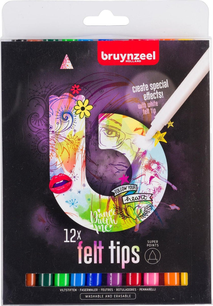 Bruynzeel Teens 12 Super-Filzstifte – mit weißem Radiermarker