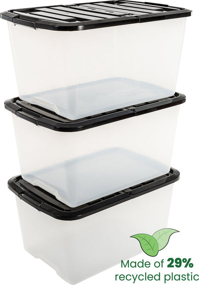 Iris Topbox Aufbewahrungsbox mit halb öffnendem Deckel – 45 l – Kunststoff – transparent schwarz – 3er-Set
