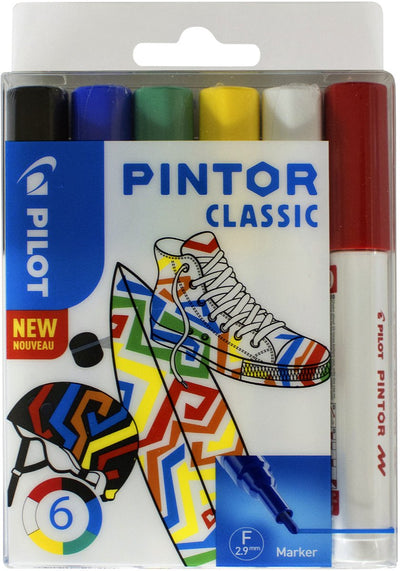 Pilot Pintor Farbstiftset mit 6 Farben – klassisches Set – feiner Marker mit 2,9-mm-Spitze – Tinte auf Wasserbasis – deckt jede Oberfläche ab, auch die dunkelste – zeichnen, färben, dekorieren, markieren, schreiben, kalligraphieren …