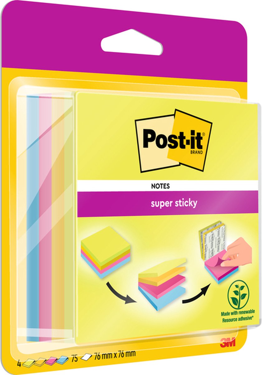 Post-it® Super-Haftnotizen, Neongrün, Kanariengelb™, Fuchsia, Mittelmeerblau, 76 mm x 76 mm, Block mit 75 Blättern, 4 Blöcke