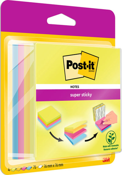 Post-it® Super-Haftnotizen, Neongrün, Kanariengelb™, Fuchsia, Mittelmeerblau, 76 mm x 76 mm, Block mit 75 Blättern, 4 Blöcke