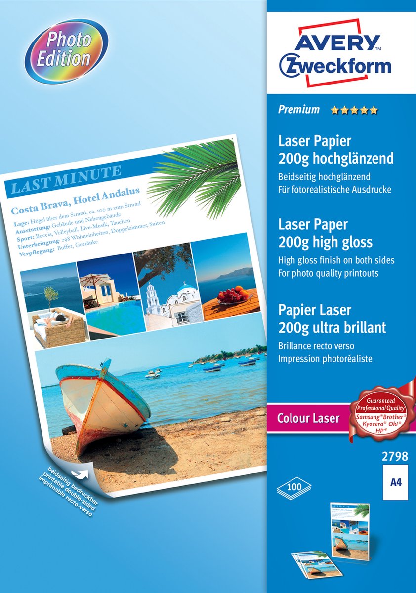 Avery Farblaserpapier, A4, weiß, 200 g, Schachtel mit 100 Blatt