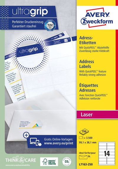 Markenloses Sans-Marque-Privatetikett Avery L7163-250 Laserdruckeretikett 99,1 x 38,1 weiß
