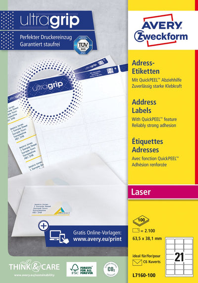Adressetiketten für Laserdrucker L7160-100, weiß, Packung 2100