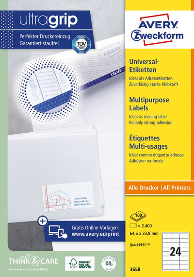 Universelle Etiketten Avery Zweckform 3658 64,6 x 33,8 mm