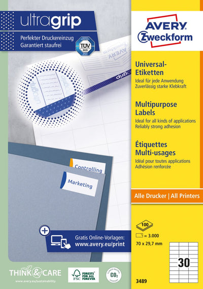 Universaletiketten Avery Zweckform 3489 70x29,7mm weiß