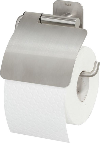 Tiger Colar - Toilettenpapierhalter mit Klappe - ohne Bohren - Toilettenpapierhalter selbstklebend - Edelstahl gebürstet