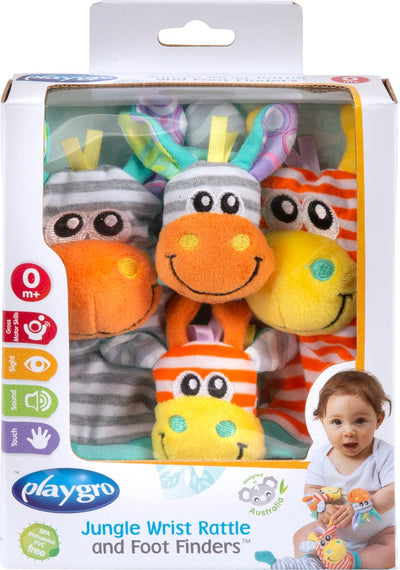 Playgro Jungle Handgelenk- und Fußrassel-Set Zebra-Giraffe – Set bestehend aus 4 Teilen, 2 Armbändern und 2 Rasselsocken – Babyspielzeug – Spielzeug 1 Jahr – Mutterschaftsgeschenk – Baby-Geschenkset