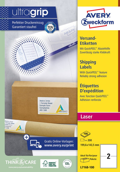 Avery weiße Laseretiketten, Quickpeel-Box mit 100 Blatt, Größe 1996 x 1435 mm (B x H), 200 Stück, 2 pro Blatt
