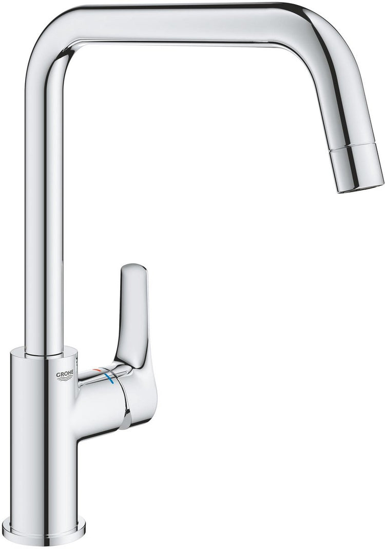 Grohe Via Küchenmischbatterie – hoher Auslauf – schwenkbarer Rohrauslauf (150°) – blei- und nickelfrei (null) – Chrom