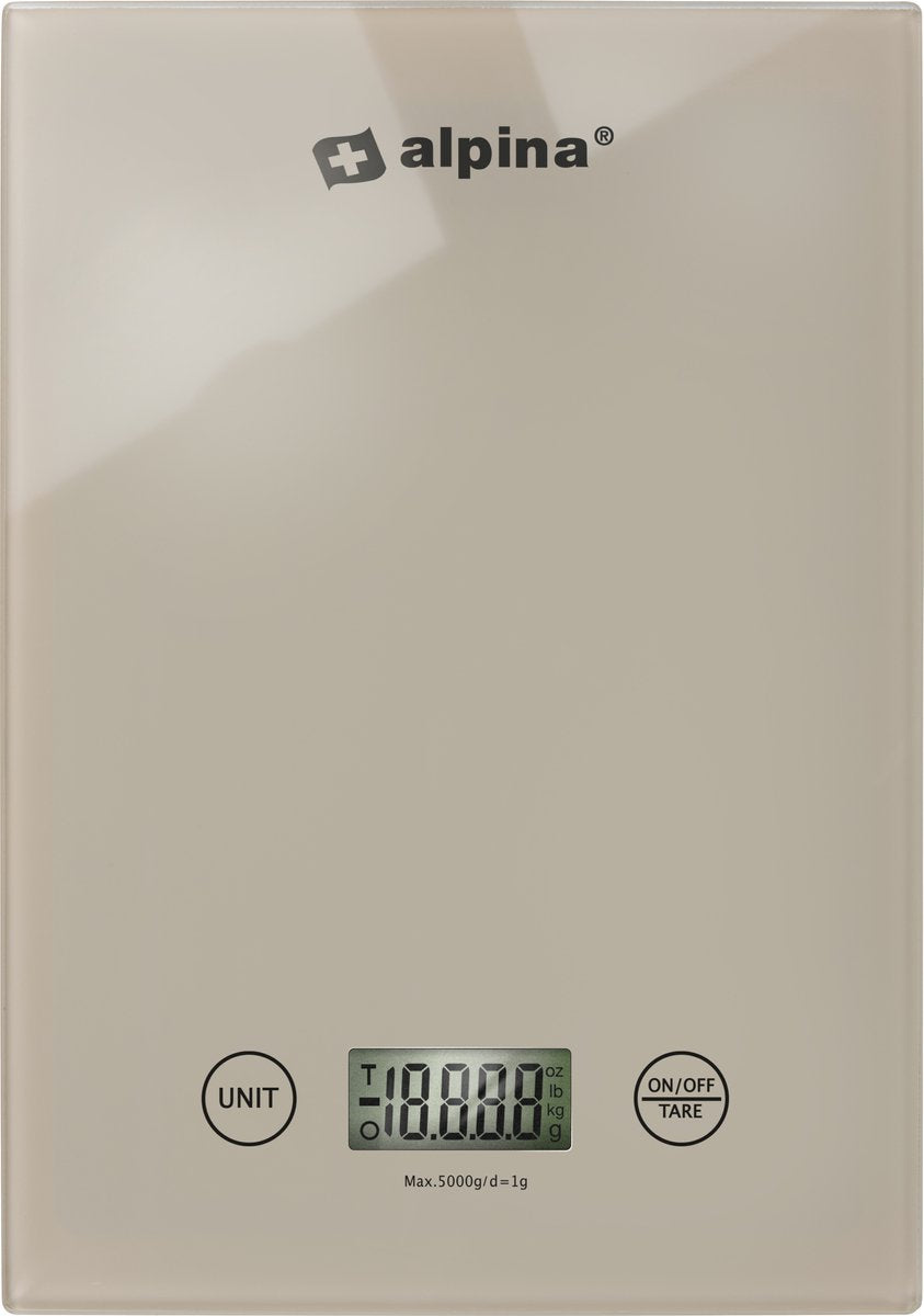 Alpina Küchenwaage digital – Küchenwaage in gr, lb, oz und ml – Präzisionswaage mit Tara-Funktion – Küchenzubehör – 22 x 15,5 cm – Beige
