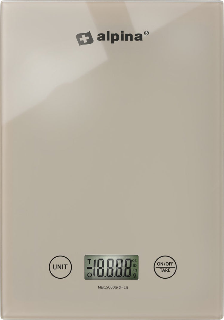Alpina Küchenwaage digital – Küchenwaage in gr, lb, oz und ml – Präzisionswaage mit Tara-Funktion – Küchenzubehör – 22 x 15,5 cm – Beige