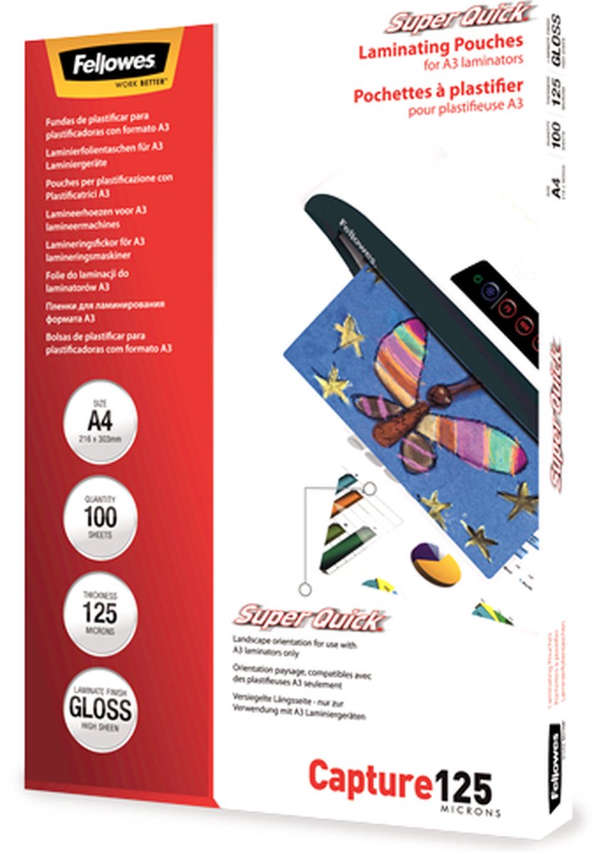 Fellowes Laminierfolien A4 – superschnell – 125 Mikron – glänzend – 100 Stück