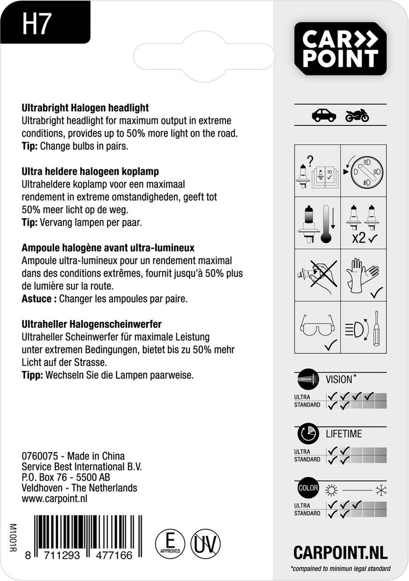 Carpoint ultrahelle H7-Halogenlampe, 12 V, 55 W, kraftvolles Licht, langlebig, energieeffizient, wetterbeständig