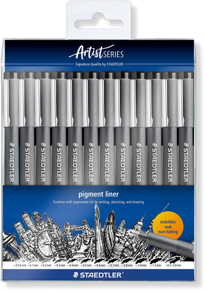 Staedtler - artist series - pigment liner 308 - case with 12 line widths - black