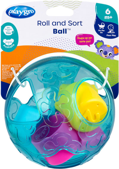 Playgro Roll- und Sortierball – Babyball – Formensortierer – Babyspielzeugball – Babyspielzeug – Spielzeug 1 Jahr – Lernspielzeug für Babys – Ball für Babys – Babymotorik – Babyrassel – interaktives Babyspielzeug – inklusive weicher Blöcke